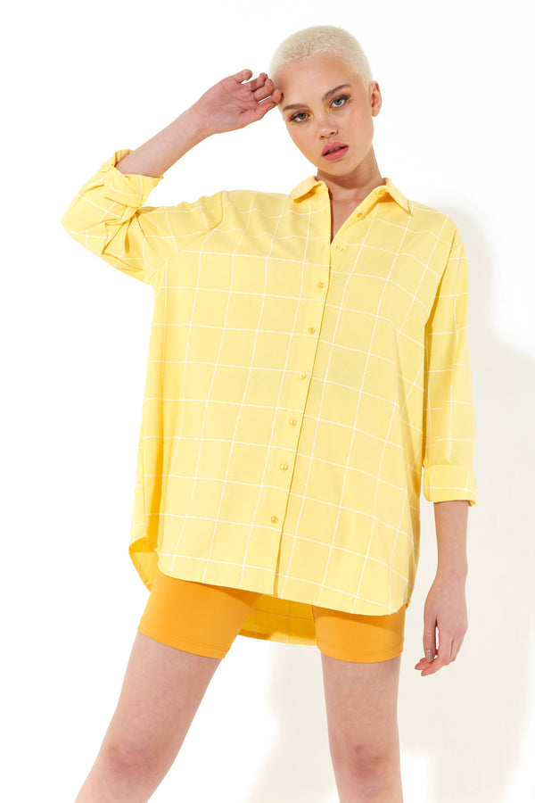 House Of Holland House Of Holland Jacquard Check 3 /4 Length Sleeve Oversized Shirt In Yellow