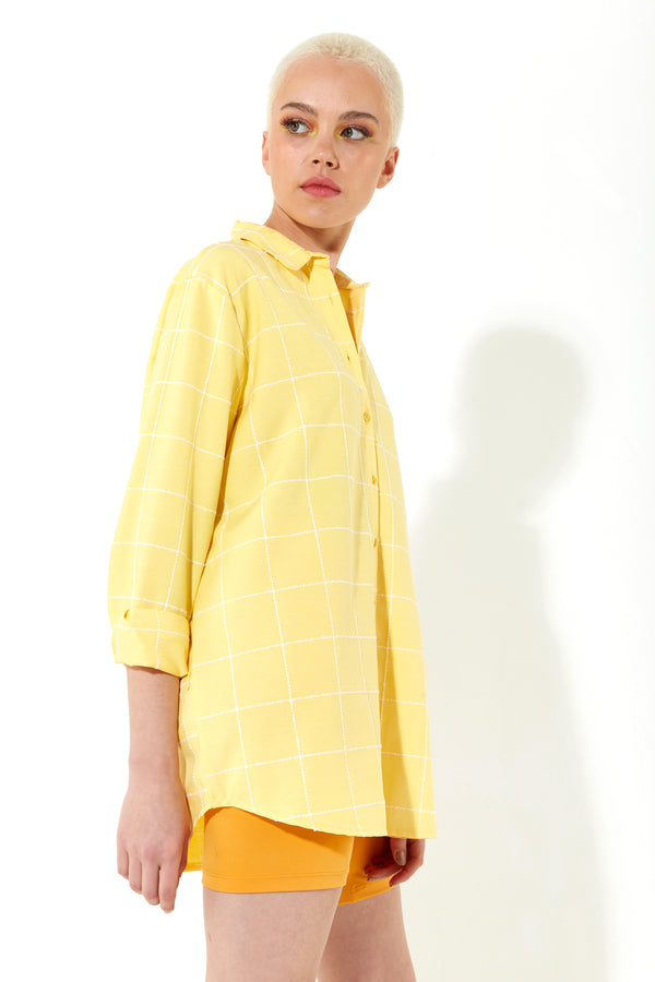 House Of Holland House Of Holland Jacquard Check 3 /4 Length Sleeve Oversized Shirt In Yellow