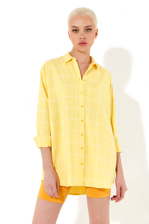 house of holland House of Holland Jacquard Check 3 /4 Length Sleeve Oversized Shirt in Yellow