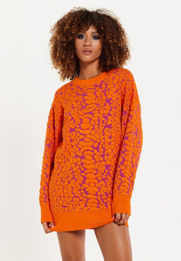 house of holland House of Holland Jacquard Duo Jumper Dress in Orange & Pink
