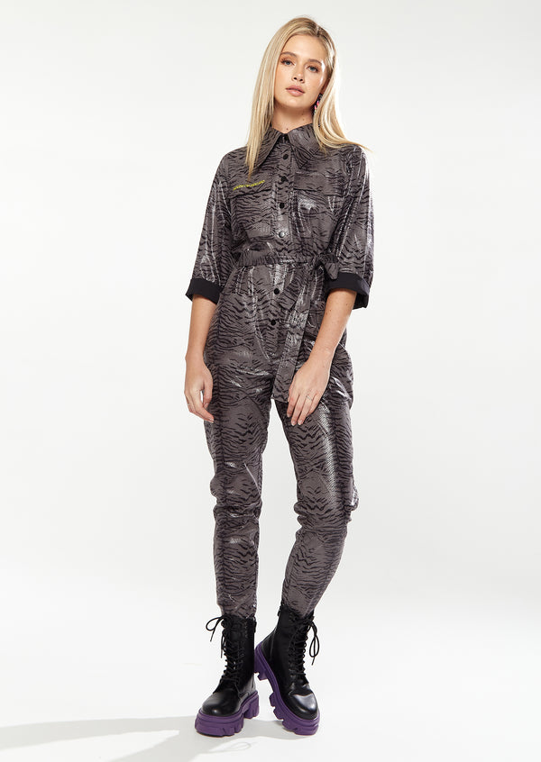 House Of Holland House Of Holland Jumpsuit In Grey Wet Look Zebra Stripe