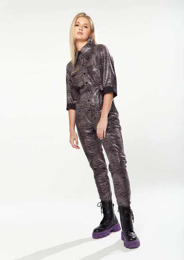 House Of Holland House Of Holland Jumpsuit In Grey Wet Look Zebra Stripe