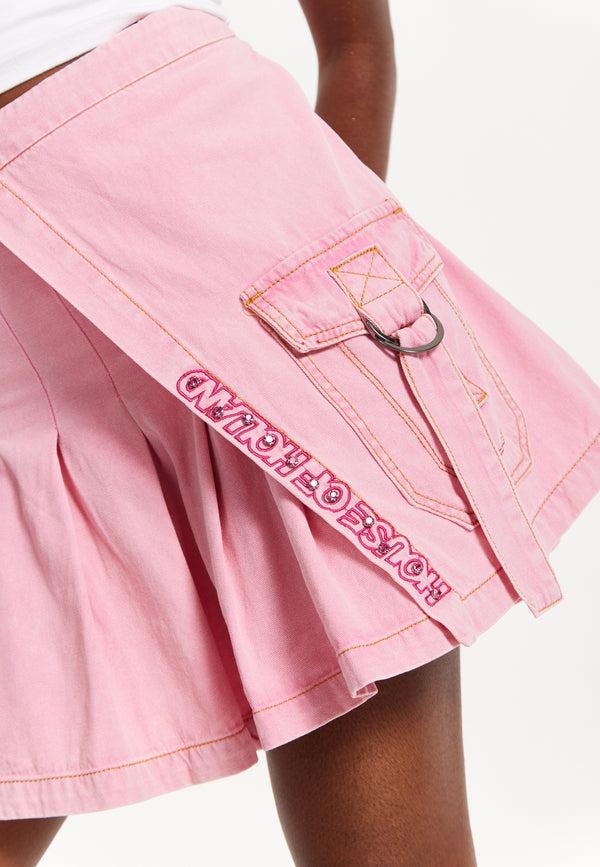 House Of Holland House Of Holland Light Pink Pleated Denim Skirt With Studded Embroidered Logo