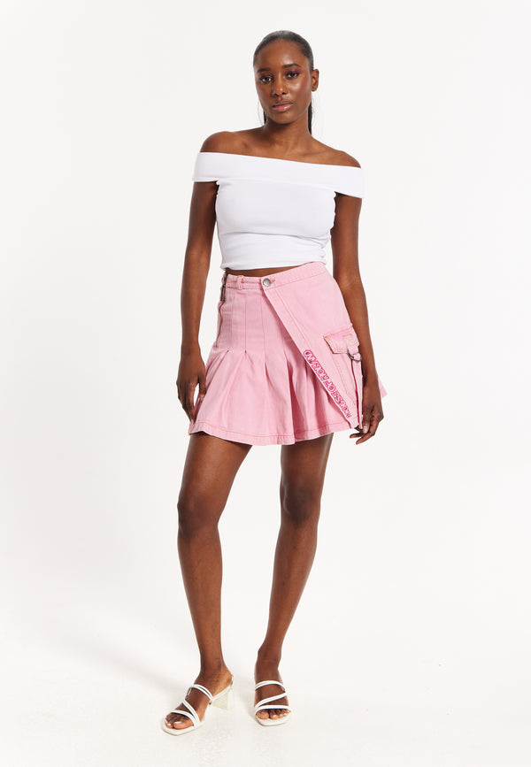 house of holland House of Holland Light Pink Pleated Denim Skirt with Studded Embroidered Logo