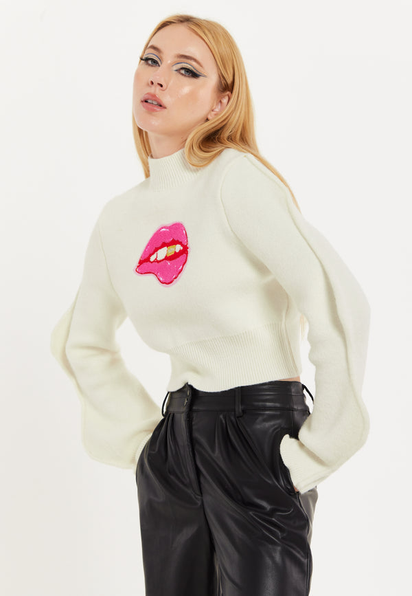 House Of Holland House Of Holland Lip Embroidery Wave Sleeve Jumper In White