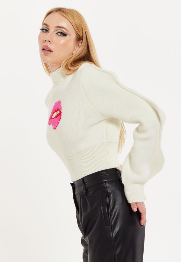 House Of Holland House Of Holland Lip Embroidery Wave Sleeve Jumper In White