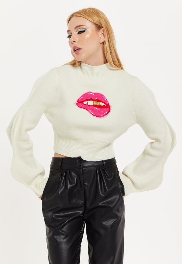 house of holland House Of Holland Lip Embroidery Wave Sleeve Jumper In White