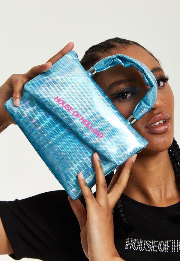 house of holland House Of Holland Logo Print Blue Iridescent Crossbody Bag