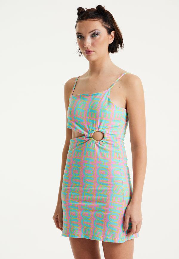 House Of Holland House Of Holland Logo Printed Jersey Mini Dress In Blue And Pink