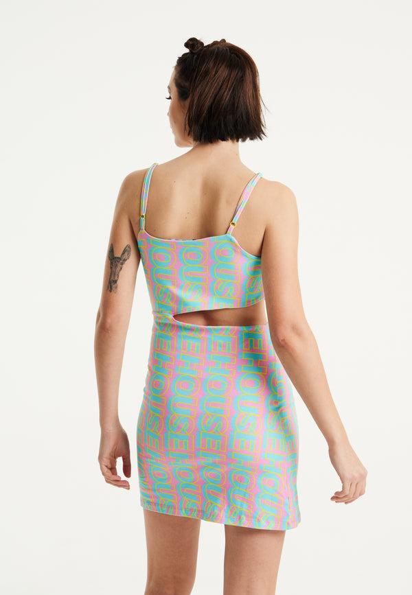 House Of Holland House Of Holland Logo Printed Jersey Mini Dress In Blue And Pink