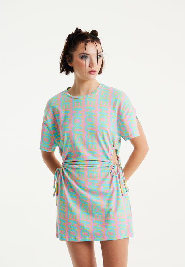 House Of Holland House Of Holland Logo Printed Mini Jersey Dress With Cut Out Details And Short Sleeves