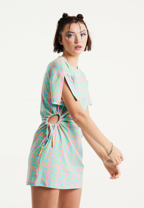 House Of Holland House Of Holland Logo Printed Mini Jersey Dress With Cut Out Details And Short Sleeves