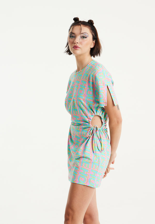 House Of Holland House Of Holland Logo Printed Mini Jersey Dress With Cut Out Details And Short Sleeves
