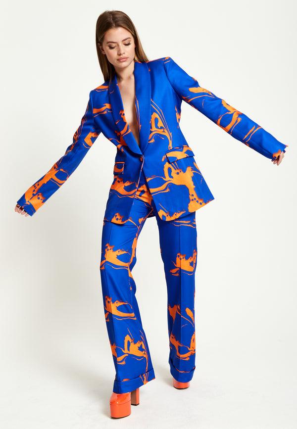 House Of Holland House Of Holland Marble Print Trousers In Blue And Orange