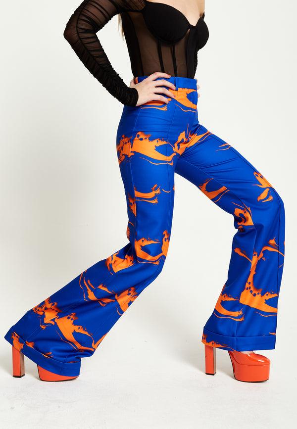 House Of Holland House Of Holland Marble Print Trousers In Blue And Orange