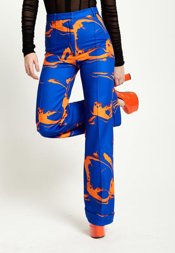 House Of Holland House Of Holland Marble Print Trousers In Blue And Orange