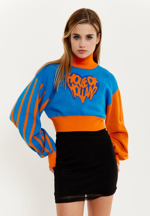 house of holland House Of Holland Melting Heart Logo Jumper in Blue And Orange