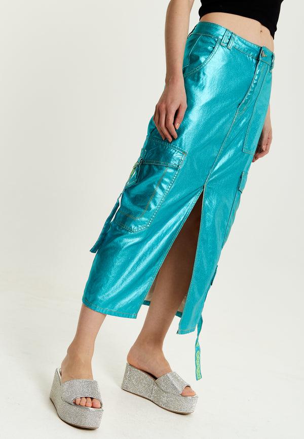 House Of Holland House Of Holland Metallic Blue Midi Skirt