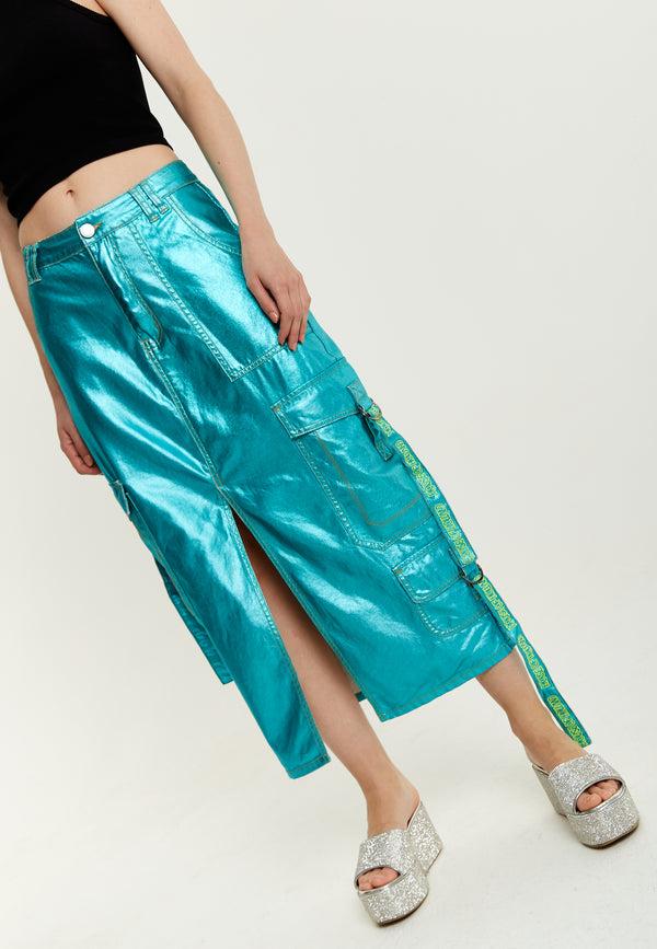 House Of Holland House Of Holland Metallic Blue Midi Skirt