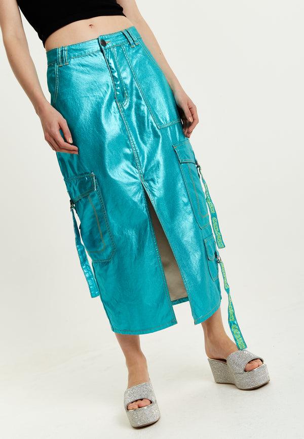 house of holland House Of Holland Metallic Blue Midi Skirt