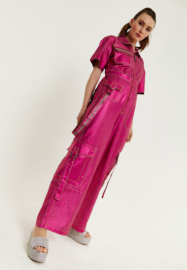House Of Holland House Of Holland Metallic Utility Jumpsuit In Fuchsia