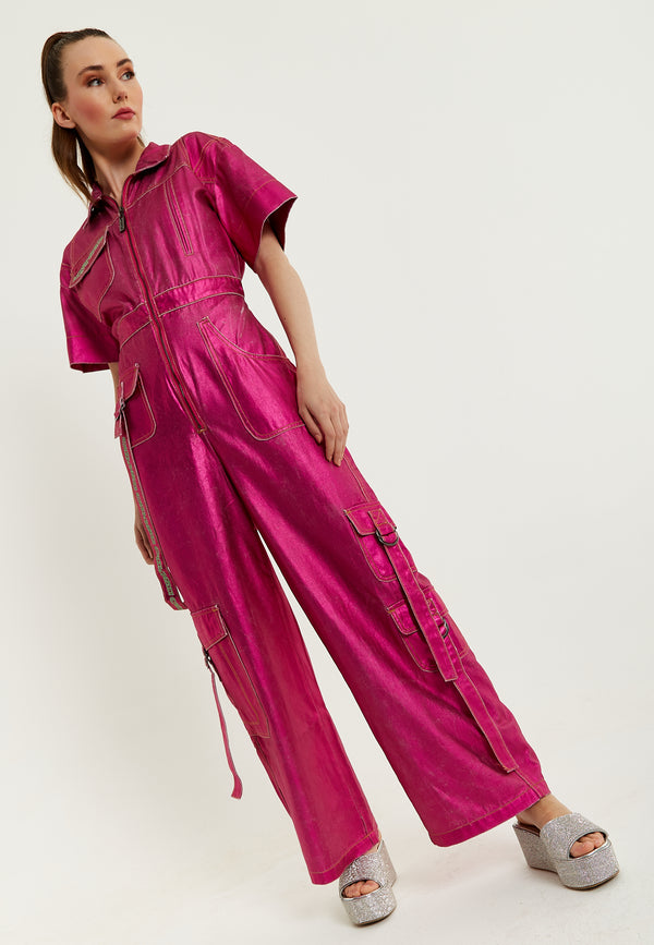 House Of Holland House Of Holland Metallic Utility Jumpsuit In Fuchsia