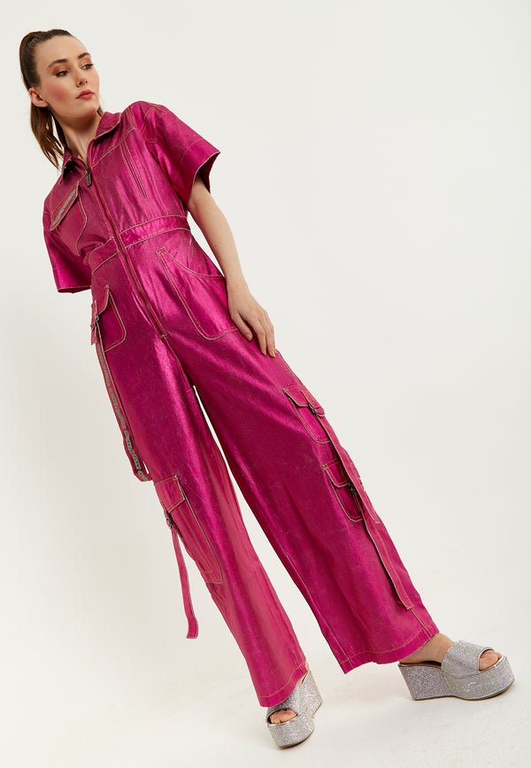 house of holland House Of Holland Metallic Utility Jumpsuit In Fuchsia house of holland House Of Holland Metallic Utility Jumpsuit In Fuchsia
