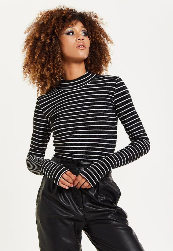 House Of Holland House Of Holland Midnight Sparkle Striped Hi Neck Lurex Top