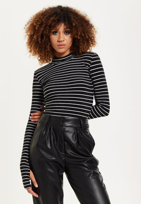 House Of Holland House Of Holland Midnight Sparkle Striped Hi Neck Lurex Top