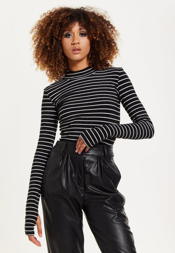 house of holland House of Holland Midnight Sparkle Striped Hi Neck Lurex Top