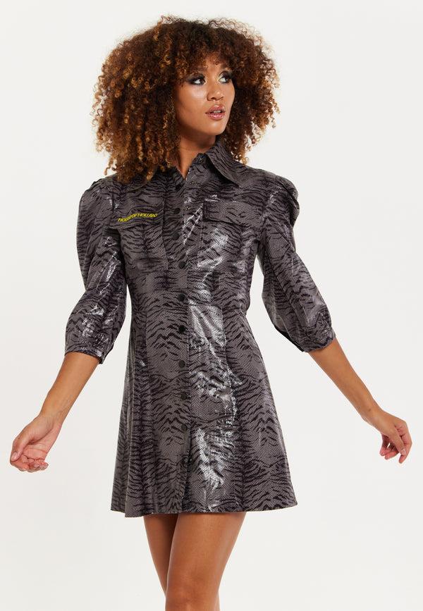 House Of Holland House Of Holland Mini Dress In Grey Wet Look Zebra Stripe