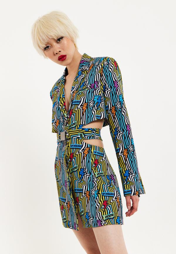 House Of Holland House Of Holland Mini Jacket Dress Lightning Bolt Print With Buckle Fastening