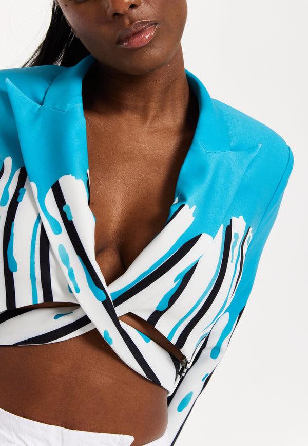 House Of Holland House Of Holland Monochrome Stripe Blue Splash Cropped Blazer