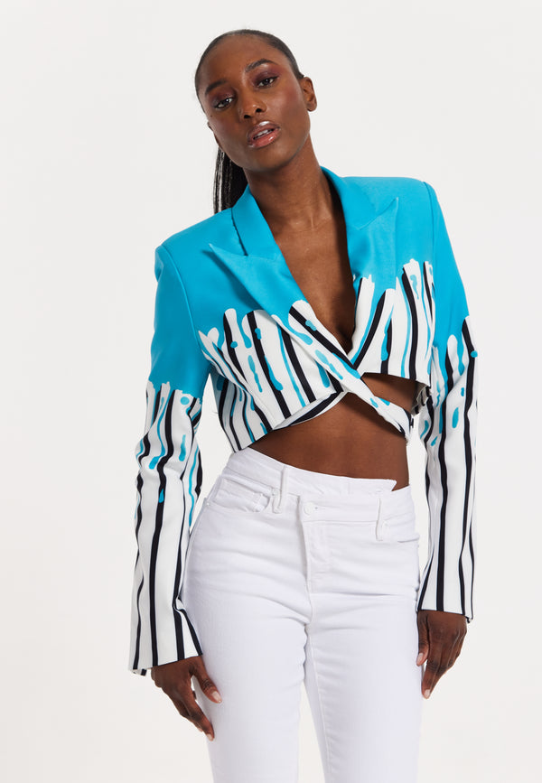 house of holland House of Holland Monochrome Stripe Blue Splash Cropped Blazer
