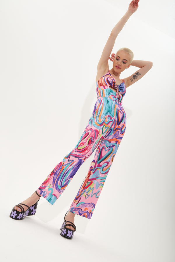 House Of Holland House Of Holland Multi Coloured Heart Print Flared Leg Jumpsuit With Chain Straps
