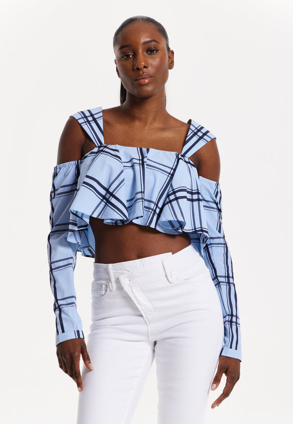 House Of Holland House Of Holland Navy Check Ruffle Cold Shoulder Crop Blouse