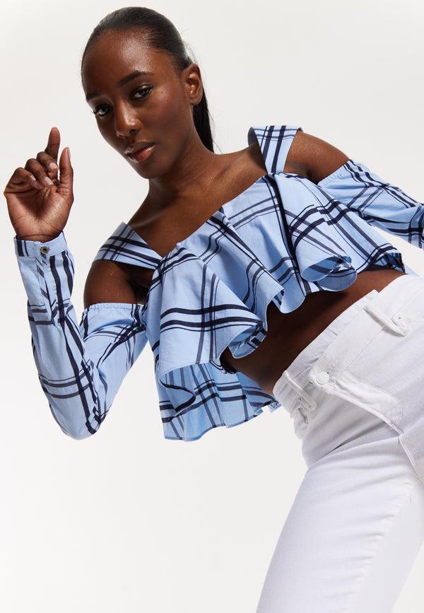 House Of Holland House Of Holland Navy Check Ruffle Cold Shoulder Crop Blouse