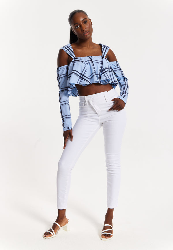 house of holland House of Holland Navy Check Ruffle Cold Shoulder Crop Blouse