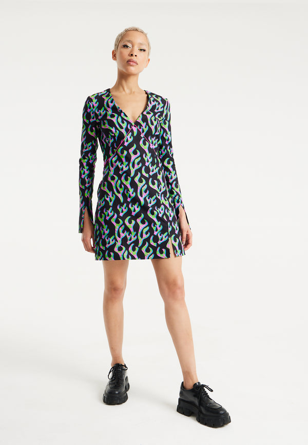 House Of Holland House Of Holland Neon Green And Pink Flame Print Long Sleeve Mini Dress