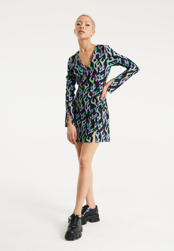 house of holland House Of Holland Neon Green And Pink Flame Print Long Sleeve Mini Dress