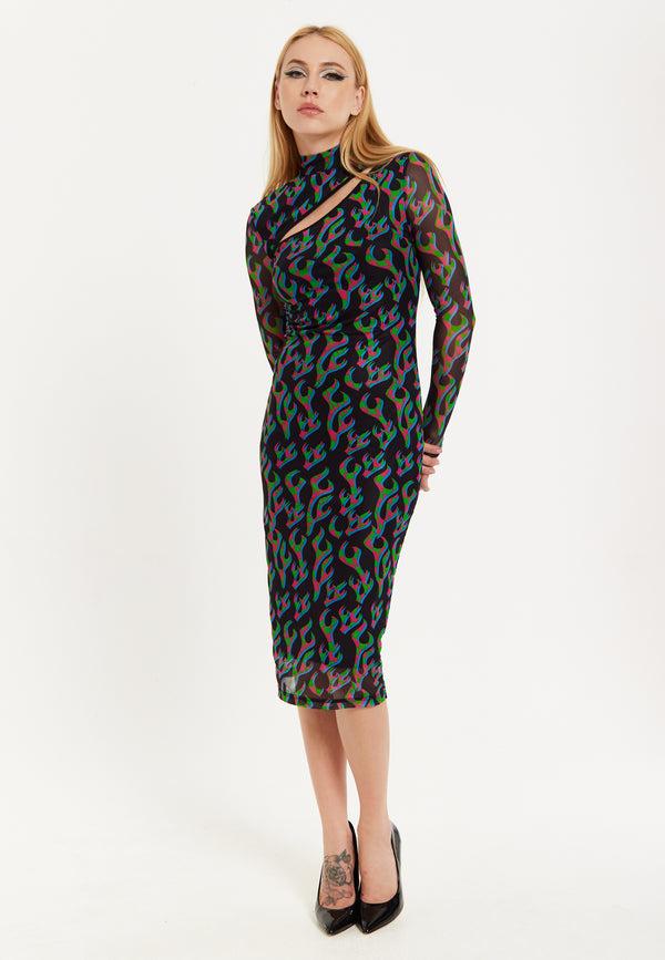 House Of Holland HOUSE OF HOLLAND NEON GREEN AND PINK FLAME PRINT MESH MIDI DRESS WITH CUT OUT DETAILS