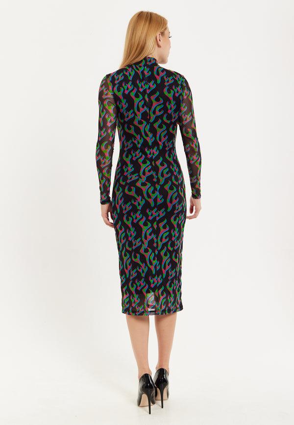 House Of Holland HOUSE OF HOLLAND NEON GREEN AND PINK FLAME PRINT MESH MIDI DRESS WITH CUT OUT DETAILS