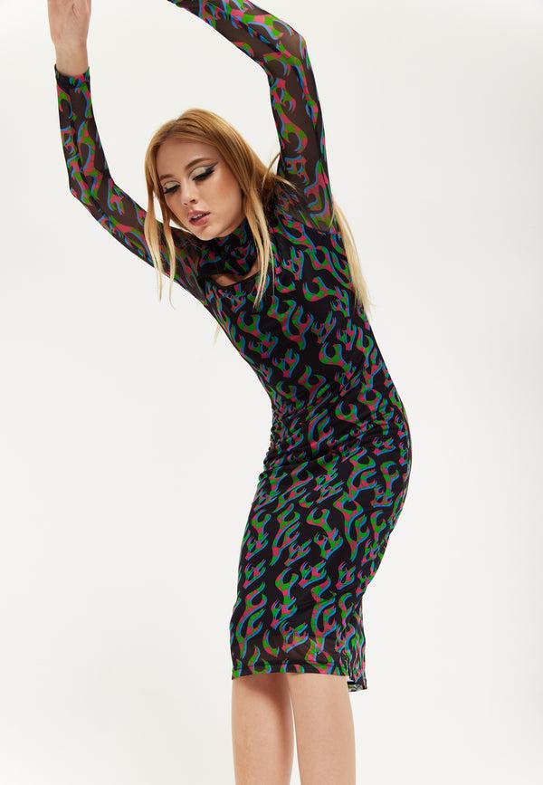 house of holland HOUSE OF HOLLAND NEON GREEN AND PINK FLAME PRINT MESH MIDI DRESS WITH CUT OUT DETAILS house of holland HOUSE OF HOLLAND NEON GREEN AND PINK FLAME PRINT MESH MIDI DRESS WITH CUT OUT DETAILS