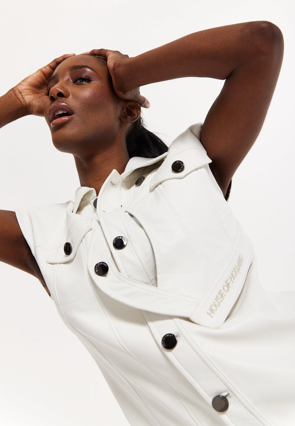 House Of Holland House Of Holland Off-White Rocker Faux Leather Twist Button-Down Dress