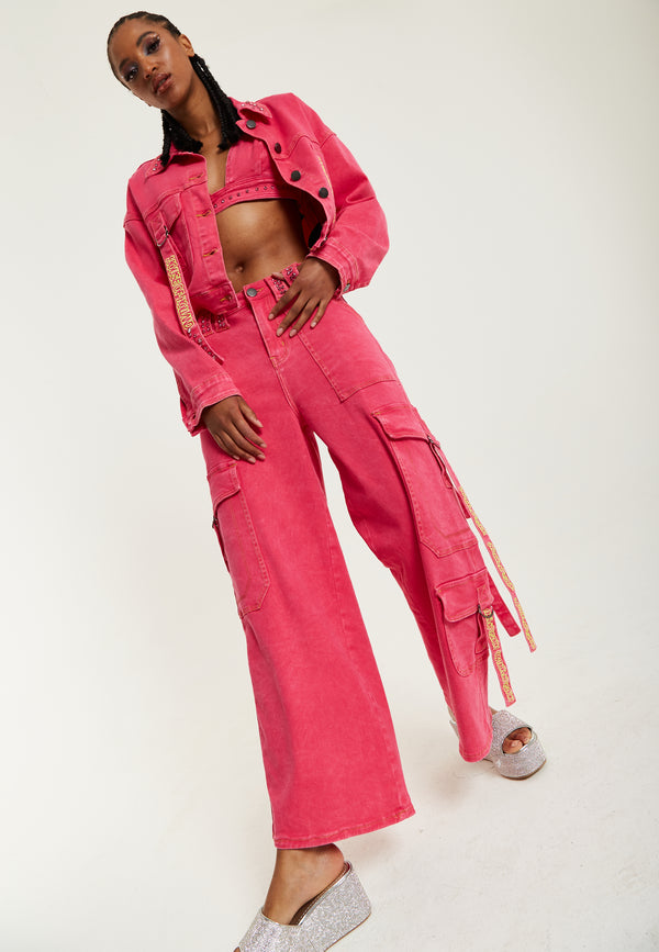 House Of Holland House Of Holland Oversized Hot Pink Denim Jacket With Studs