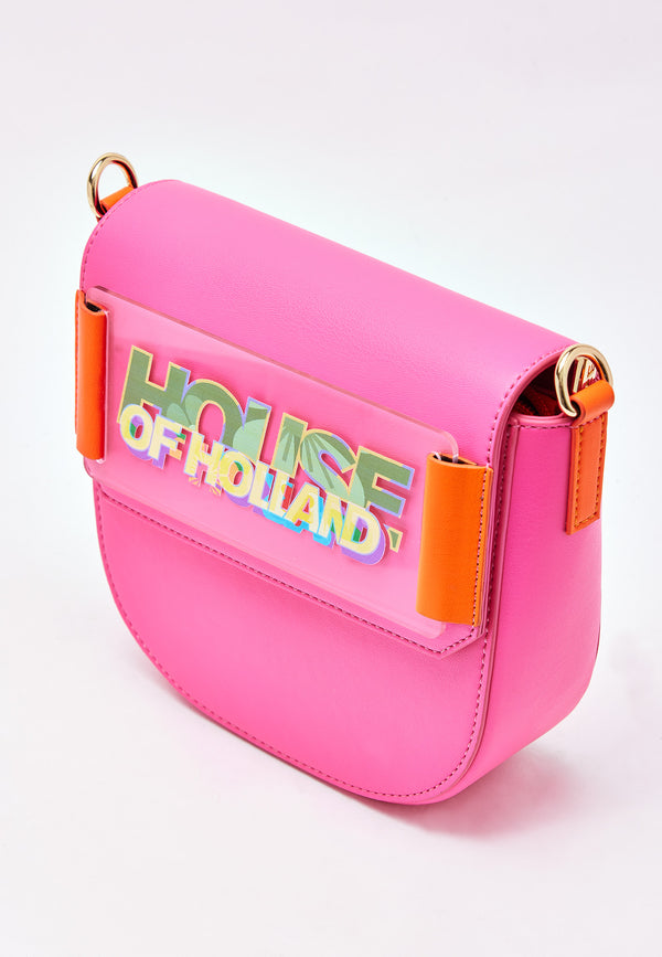House Of Holland House Of Holland Pink And Orange Crossbody Bag With Logo Printed Acrylic Front