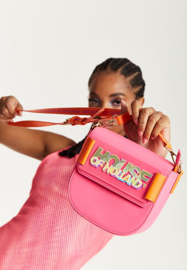 house of holland House Of Holland Pink and Orange Crossbody Bag With Logo Printed Acrylic Front