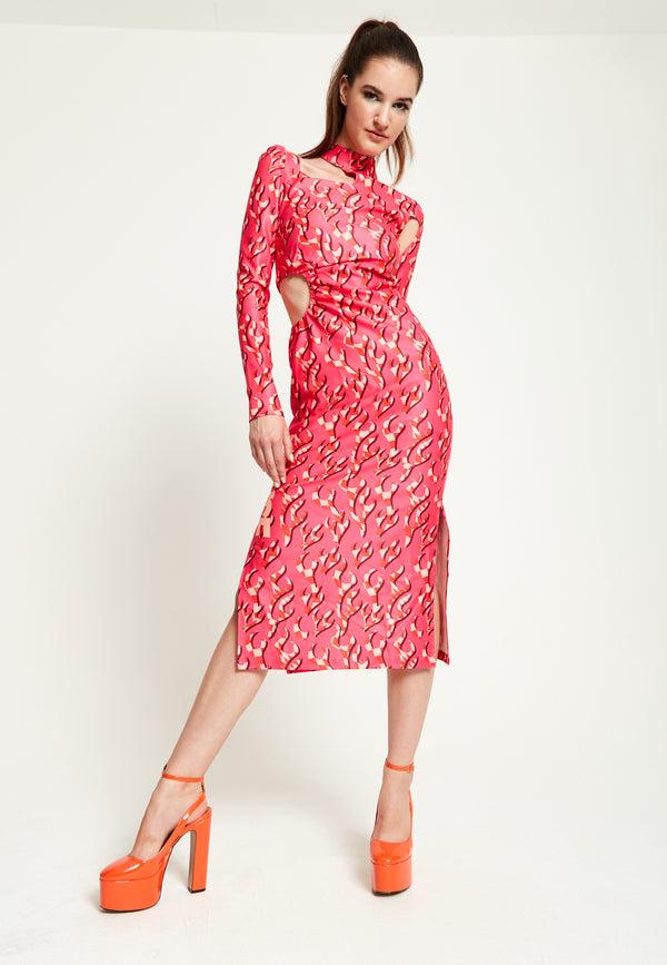 House Of Holland House Of Holland Pink Flame Clashing Colours Midi Dress With Cut Out Details