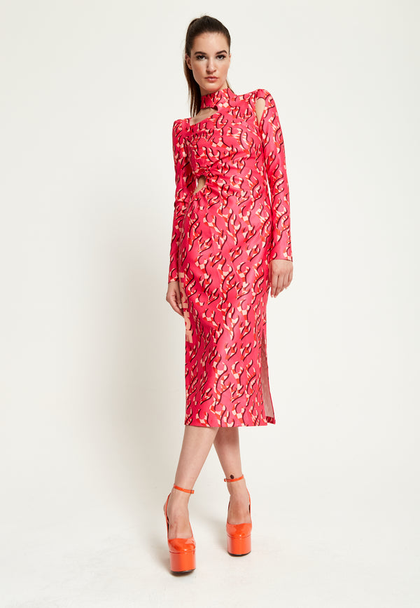 House Of Holland House Of Holland Pink Flame Clashing Colours Midi Dress With Cut Out Details