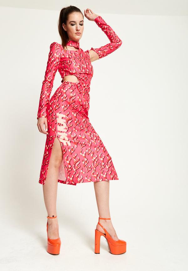 House Of Holland House Of Holland Pink Flame Clashing Colours Midi Dress With Cut Out Details